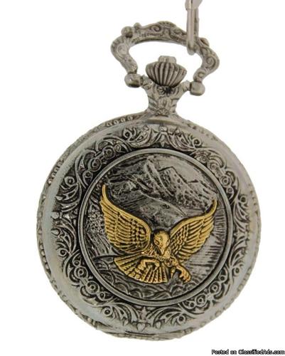Brand New-Amer. Bald Eagle-Antique Motif-Artisan Etched-Collectible Pocket Watch-$14!! - Price: 15.00