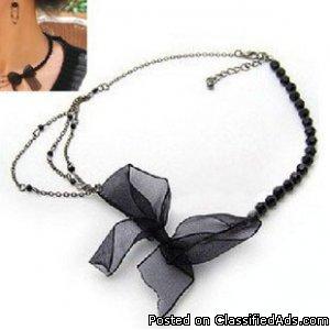 Fashion black lace butterfly knot choker bead necklace