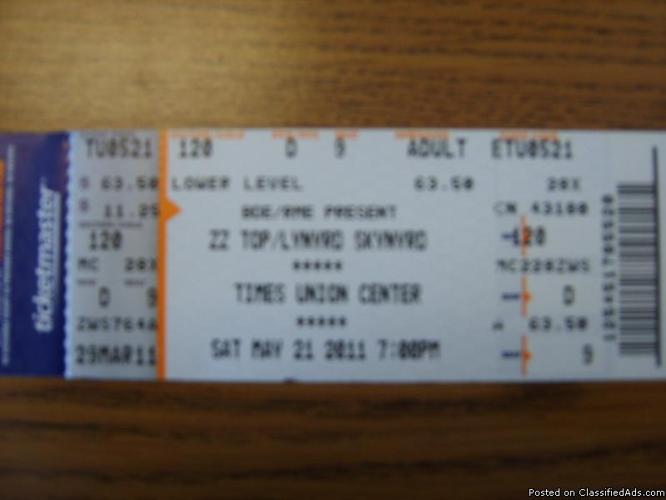 LYNYRD SKYNYRD AND ZZ TOP (4) TICKETS!!TIMES UNION CENTER 5/21/11 914-755-9921 - Price: 300