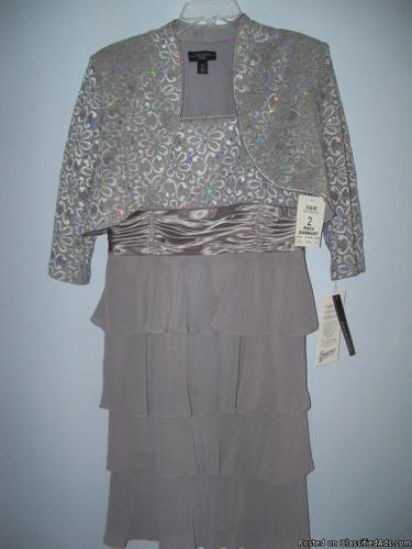 New silver evening dress and jacket size 14 petite; new sz 7 1/2 shoes to match