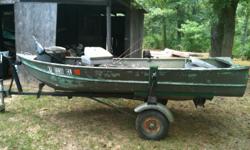 12 ft v-bottom John boat, 2 swivel seats, 34 lb thrust trolling motor with 2 marina batteries, like new trailer with new tires and new LED lights, $650 o.b.o