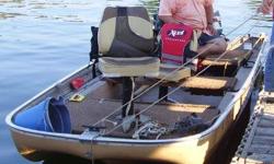 14Â½ foot Tuffy
Features include:
-tri-hull fiberglass fishing boat is perfect for fishing your favorite lake or river. Very stable on the water.
-25 HP Evinrude motor with electric start has been stored inside at the end of each season. We bought this