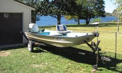 14' Monark aluminum Boat (1956), no leaks, front bass seat, Rear mounted seat, New battery storage box.&nbsp;16 hp Johnson sea horse (1962) needs minor adjustments, no missing parts. Has working Minn Kota trolling motor, year unknown. Trailer has new tail