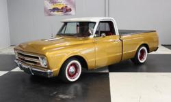 Stk#024 1967 Chevy C10 Pickup-Shortbed
Painted Inca Gold BC/CC with a white top. The front and rear bumpers, door handles are all like new. There is a working spot light on the driver?s side, dual outside mirrors, sun visor, drip rail moldings all are