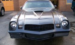 1979 Chevy Camaro
V-8, 4-bbl Demon carb, 4-speed manual shift, tac., Roll Bar, racing harness, T-tops, power windows, a/c-not hooked up, Z-28 Sport Hood, American Racing Rims with raised white lettered General XP 2000 tires. So many possibilities track or