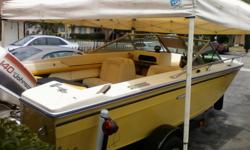 YELLOW AND WHHITE WITH, 140 JOHNSON, OUTBOARD HYDROYLIC MOTROR LIFT,WITH STEREO SYSTEM AND FISH FINDER, NEWER INTERIER ,,NEW FLOOR AND CARPET ,