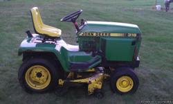 For Sale 1989 John Deere 318 Mower with 1325 hours.&nbsp; It has good tires, deck was rebuilt last summer, nice seat and also comes with two sets of blades.&nbsp; Asking $1800.00 or best offer.&nbsp; For more information please call --.