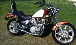 Motorcycle is in very nice shape, orange and white, also have 2 full face helmets and 1 half shell. Haynes service & repair manual. Motorcycle cover, 2 front bolt on head lights, with new V-twin exhaust, tires are like new, runs great and very fast, paint