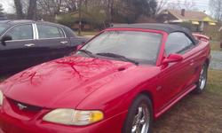 1996 Ford Mustang GT Convertible, 5 Speed, Red, With Black Top.&nbsp; Top is new, tires good condition, super low miles and priced to sell.&nbsp; Call Steve 513-421-3015.