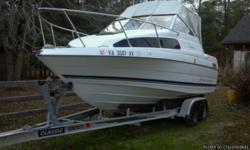 GREAT FAMILY BOAT!
One owner - Good condition 22 ft boat with fiberglass hull. Cabin includes bed, table, storage, sink and enclosed head (toilet). Has rebuilt Mercruiser engine still with ZERO hours. We have paperwork to show this was done. Boat has