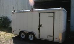 Inside of the trailer there are steel adjustable shelves with lots of room for all of your stuff.
3/8 Plywood walls
36? Side door
7? standing inside height
Aluminum ladder racks
Spare tire mount on tongue
Flush lock W/Bar lock
All wheel electric brakes