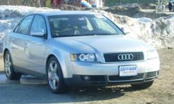 02 Audi A4 1.8T manual trans. AWD with 112,000 miles. Silver w/ black leather int. Heated seats moonroof, 6 disk changer, bose speakers, satellite radio. New timing belt and water pump, newer tire, and brand new inspection sticker.