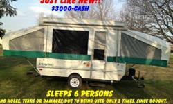 I HAVE A '2002 VIKING' POP-UP TRAVEL TRAILER FOR SALE.
DUE TO HEALTH REASONS, I HAVE NOT BEEN ABLE TO USE IT AFTER ONLY 2 TIMES IN THE PAST FEW YEARS. IT IS IN "JUST LIKE NEW" CONDITION WITH NO TEARS, HOLES OR OTHER DAMAGES; AND IT IS 'READY TO USE.'
IT