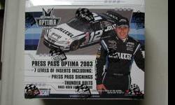 ITEM IS A FACTORY SEALED WAX BOX OF PRESS PASS OPTIMA RACE CARDS. THIS IS A "HOBBY" BOX.
BOX HAS NEVER BEEN OPENED. IS IN MINT CONDITION AND HAS BEEN STORED IN A SMOKE FREE, LIGHT FREE, TEMP. CONTROLED AREA. FIND KASEY KAHNE ROOKIE AND MANY MORE GREAT