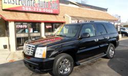 VERY CLEAN, LOW MILES, LEATHER, THIRD ROW!!
YEAR: 2004
MAKE: CADILLAC
MODEL: ESCALADE
TRIM: BASE
BODY: 4 DOOR
COLOR: BLACK
DRIVE LINE: AWD
MILES: 90,829
ENGINE: V8, 6.0L, 364 CID
TRANS: AUTOMATIC
&nbsp;
Your buying experience with Eastpointe Auto Sales is