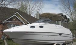 MerCruiser 5.0L Bravo with less than 250 hours. Trim tabs, extended swim deck (Makes it 27'), 30 amp shore power, 50' dock extension cord, water heater, full boat cover, cockpit cover, camper canvas and vinyl, carpet and vinyl for all floor surfaces. 22lb