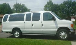 2005 Ford E350 Super Duty XLT 15 Passenger Van. V8 5.4 liter engine, front and rear air conditioning, power doors/locks, cruise, AM/FM stereo with CD, privacy glass, tow package and alloy wheels, good tires. 75,500 miles, white with grey cloth interior,