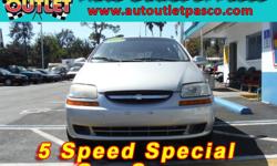 Bad Credit OK Here !! 
Auto Outlet of Pasco
7407 US 19 New Port Richey, FL
727-848-7688
2007 Chevrolet Aveo5
$4,995
Year:
2007
Make:
Chevrolet
Model:
Aveo5
Trim:
Stock #:
2072
VIN:
KL1TD66677B727271
Trans:
Manual
Color:
Silver
Interior:
Cloth
Mileage: