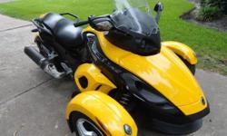 Yellow and black 2008 Can Am Spyder. 9,968 miles. This is a dream to ride. You will have so much fun on this.
Clear title. It is funny when riding how many people wave, point and give the thumbs up. Everyone loves it. You will too.
It has a 990 cc Rotax