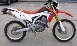 I currently have a 2013 Honda CRF 250-L for sale. This bike is a clean one owner that has been used as it was intended, on / off road. This bike is equipped with kenda street legal knobby tires & FMF Power Core 4 Pipe. This bike is also fuel injected,