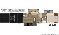 The 2015 Heartland Torque TQ325 if a fifth wheel toy hauler that comes with three slides and is manufactured by Heartland RV. A large rear ramp door leads into a 10-foot garage area that also houses an electric queen bed that splits into a sofa couch