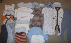 24 pieces of never/gently used 0-3 month boys clothing. No stains.
Smoke and pet free home.
Includes:
10 onsies
4 pants
1 overall
1 button up sweater
1 long sleeved shirt
1 long sleeved romper with the bottom open
2 PJ footie sleepers
4 hats
Any