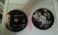 I have 2 DVD's up for sale.
"The Others" by Nicole Kidman
"Bad Lieutenant" By Nicolas Cage
&nbsp;
Disc ONLY, they do not come with cases
&nbsp;
I am asking 10.00 each or 15.00 for both. thanks!