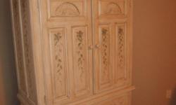 3 pc. Broyhill bedroom furniture. Armoire, nightstand and bookcase are crackle finished with handpainted detailing. Adorable set for a bedroom, apartment or cottage. Price is firm. There is a queen size quilt, shams and bedskirt along with candy striped