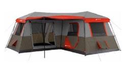 3 Room Cabin Tent
The Ozark Trail 12 Person Instant Cabin Tent sets up in under two minutes! This 12-person tent requires no assembly because the poles are pre-attached to the tent; just unfold and extend. This three-room, cabin-style tent has large