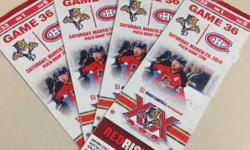 Selling 4 seats for: Panthers vs Canadiens game 36, Sat. 3/29/14 4 tickets: Sec. 133 / Row 1 / Seats 5-8 3 - $5 Panther bucks/food vouchers 2 Lexus Club Parking tickets - Gates 1, 5, or 6 You save $205.00 Cash sale