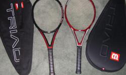 Two Racquets for $60 or all four for $100. All in good condition.
2- Wilson Triad 5 (Mid size )
- 9.8 ounces strung, balanced 7/8" head-heavy
- String pattern: 16 mains and 20 crosses
- 27.25 inches long, with a 98-square-inch, dual-tapered head
- 4 1/2