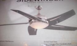 Hamptone Bay 54" SideWinder Ceiling Fan. Brushed Nickel Finish, 6 Function Electronic Wall Remote, 5 Silver Blades, Etched Opal Glass, Uses 1 Halogen Mini Candelabra Bulb included.&nbsp; Special order $350.00 new&nbsp;from Home Depot still in box.