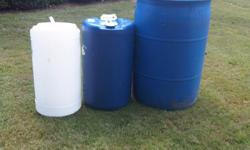 55 gallon blue drum $25.00 / 20 gallon blue drum $15.00 and15 gallon clear plastic drum $10.00 These barrels did contain liquid laundry detergent. They are cleaned well. They all are closed head poly drums.I have plenty of these barrels and drums.