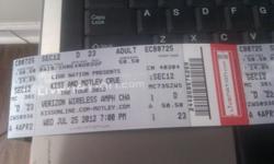 HAVE 5 KISS/MOTLEY CRUE TICKETS WILL SELL ALL FIVE TOGETHER. JULY 25TH AT 7PM SEATS ARE SEC 12 SEAT 21,22,23,26,27 CHARLOTTE NC VERIZON AMP
CHANGED MY MIND IN GOING WILL GO IF SOMONE DOES NOT PURCHASE ALL 5
-- OR> --
&nbsp;