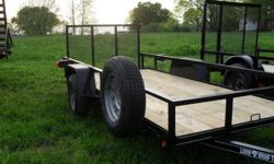 Lone Wolf Utility Trailer 5' x 12' 1' Dovetail Add $100.00 Spare Tire $125 Tool Box
Frame - 3 x 2 Angle
Top Rail and Uprights - 2 x 2 Angle
Tongue - 3 x 2 Angle, A-Frame (3" Channel Wrapped Tongue on 14')
Standard Fender
Dexter 3500# EZ Lube Axle
New