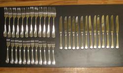 (Taking Offers)
These are all silver plated:
12 plate/dessert spoons
11 Entree spoons
12 Soup spoons
2 Serving spoons
12 Appetizer/salad forks
12 Entree forks
11 Entree knifes
For a total of 75 pieces ($95.00)
These are professional flatware set, which