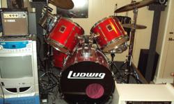 5 piece Ludwig "Rocker" Drum Set with 2 piece Timbalee set.Chrome Snare, Zildjian Ride-Crash and Hi-Hat Cymbals. Cowbells, throne, sticks with bag,soft cases for drums hard case for cymbals. CASH ONLY!!!!!! Will Not Seperate. Nice set, Just Don't Use It.