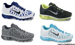 AIRMAX NIKES 2011 NEW IN THEIR ORIGINAL BOX FOR MEN AND WOMEN.
I HAVE MANY COLORS.
SIZES FOR MEN:8,8.5,9.5,10,11,12
SIZES FOR WOMEN:5.5,6.5,7,8,8.5
AVAILABLE IN TWO WEEKS EMAIL,CALL,,OR TEXT (832-588-4459)TO RESERVE YOUR PAIR! I WILL GIVE YOU A CALL WHEN