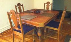 I am moving and will be selling my GORGEOUS Antique Dark Oak Table along with 4 Wooden Chairs for $85 or best offer!
The 4 beaded place-mats and decorative glass bowl as seen in the picture can also be included for an extra $10. The cushions are currently