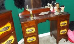 ~~~DOWN SIZING~~~ Up for grabs is this LOVELY antique dressing table set to include table, attached mirror and chest of drawer. Nice dark stain ... Great addition for a collector! $350.00 OBO. I have the missing authentic pull inside the top drawer of the