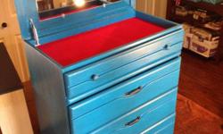 Blue, antiqued,&nbsp;Samuel Lawrence dresser.&nbsp;Five drawers, with vanity on top. Completely refurbished, like new.