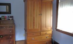 Beautiful solid cherry armoire, 13 years old. Original $1900. Excellent condition.
Comes with two shelves. H83" x W45"(+4" w/moulding) x D25" (+2.5" w/moulding)
In use now, but available for removal to your home!