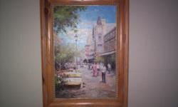This is a painting , not just a print of small downtown area with people walking . The dimensions are 46"high and 33.5" wide. The frame is solid wood and is worth at least that much by itself.
