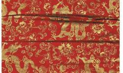 Asian Dragon on Red background. 1 yard and 9 inches by 42 inches wide. Fabric features golden Asian dragons and a floral motif on a vibrant red background. Fabric is a lightweight cotton with minimal stretch.
Fabric is new, clean and has been in storage.