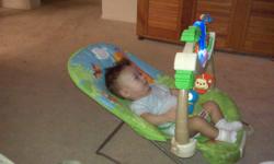 Baby seat with vibration and rainforest toys.