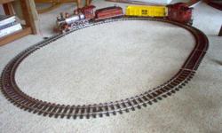 Bachmann produced this Big Hauler electric train set in G scale. Set number 90011 is used, in the original box; and it includes 4 train cars, 14 pieces of track and transformer.
The track creates a 63? by 51? oval. The 12 pieces of curve track and 2