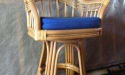 Rattan bar stool, 37"Hx22"Dx25"W, with electric blue padded seat. Maple stain. Excellent condition. Like new. Costs $250.00.