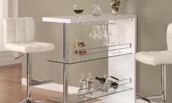 &nbsp;
Item Description
Be the envy of all your friends with this sleek contemporary bar unit. Equipped with 2 glass storage shelves and a wine glass holder, it has all the storage you need to mix a drink of any kind. Complete the bar by setting matching