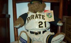 major league baseball cooperstown stuffed teddy. dressed in1962 pittsburgh pirates, full uniform. #21. 18" tall. bendable arms and legs. tags still attached. ex. condition