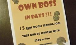 "Be Your Own Boss in Days!" is a book detailing 15 Jobs that can be started for $300 or less.These are jobs that&nbsp;anyone can do. They are the&nbsp;jobs million of Americans do every day. The&nbsp;book gives the cost of the tools and where to buy them